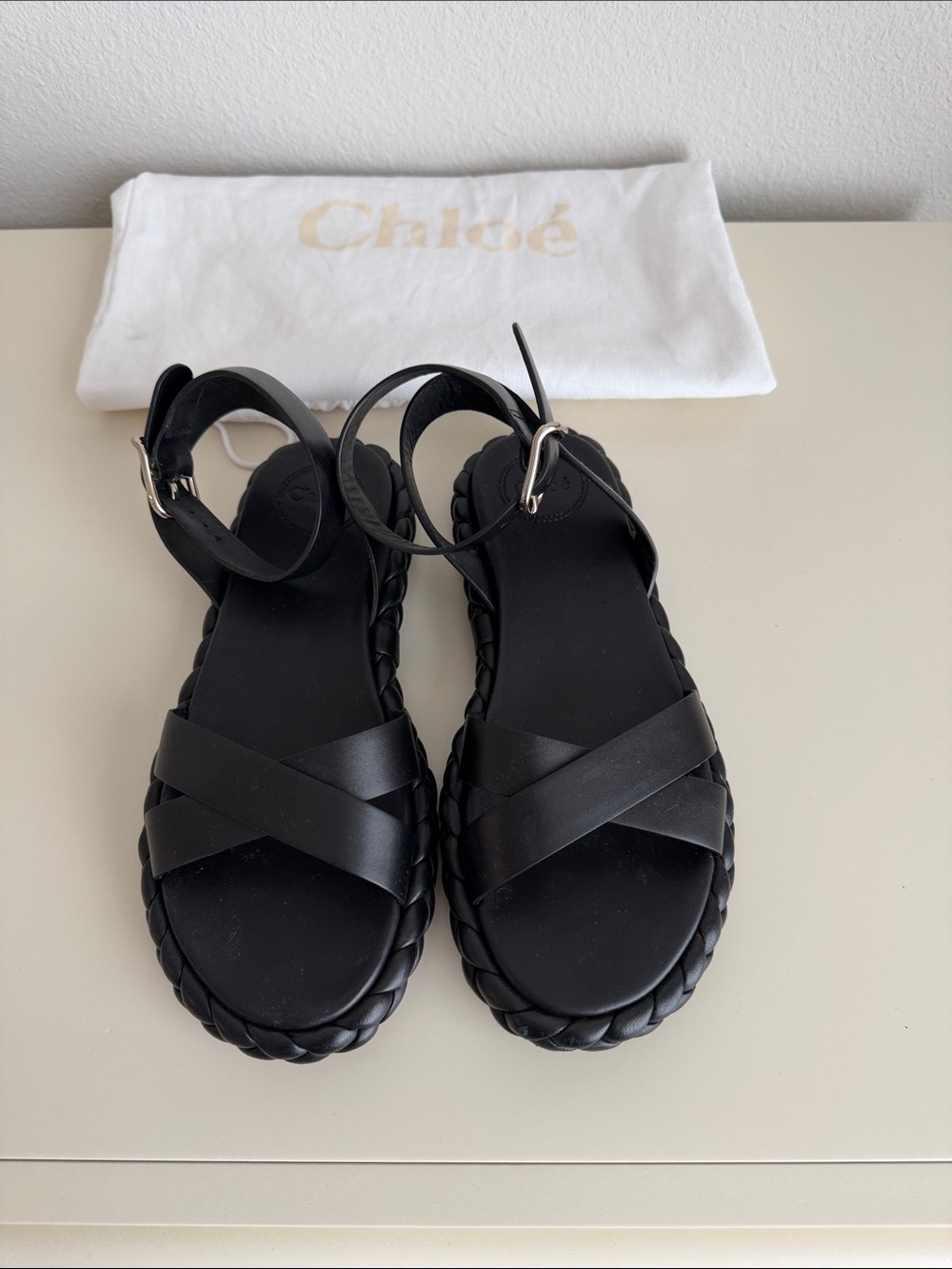 Chloé Black Braided-Edge Cross Strap Leather Sandals, size 37 EU